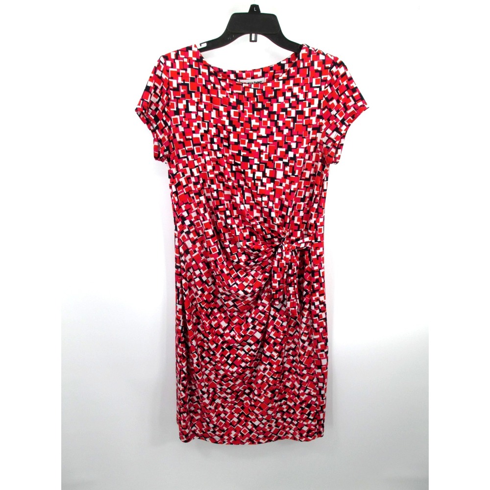 Shelby & Palmer Red Geometric Faux Wrap Midi Dress Womens Large Cap Sleeve Work